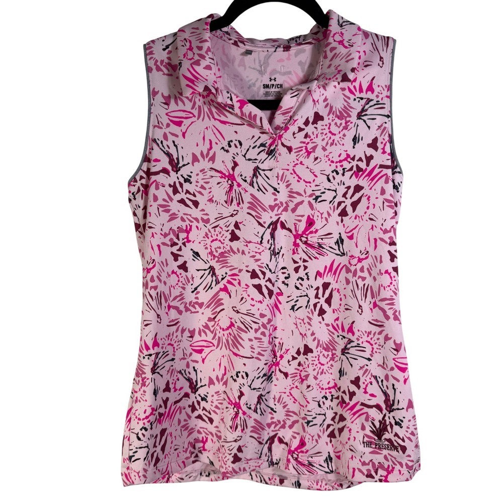 Under Armour Womens Pink Abstract Floral Sleeveless Golf Polo Shirt Small SM